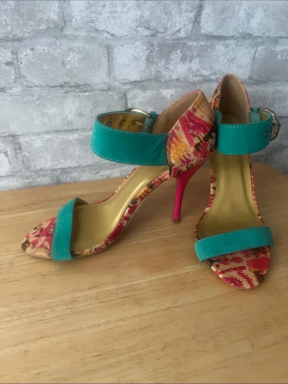Shoe republic la Colorblock Floral Ankle-Strap High Heels in Teal and Pink